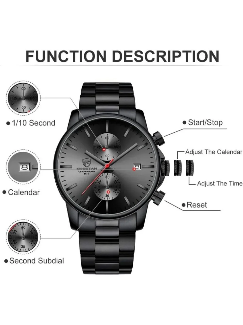 Mens Black Red Classic Stainless Steel Waterproof Chronograph Quartz Round Watch